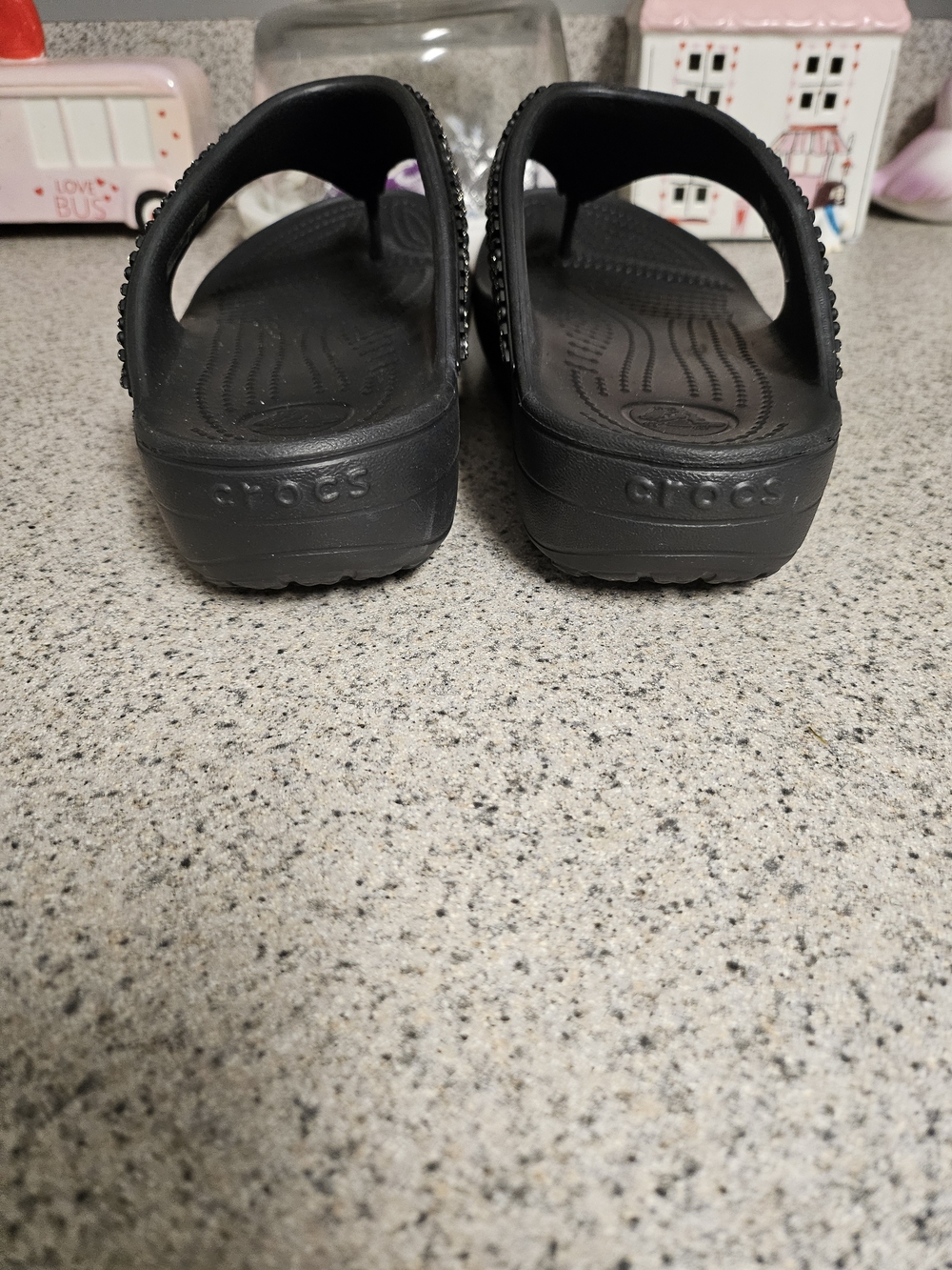 CROCS Black Wedge Flip Flop Sandals with Stud Embellishments - Picture 7 of 7